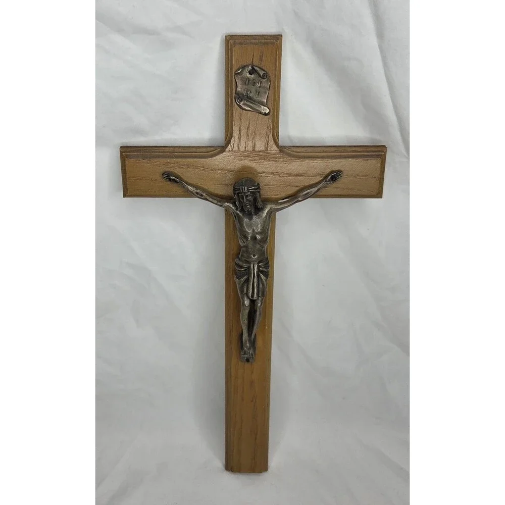 Vintage Wood & Brass Catholic Cross Crucifix INRI Wall Hanging Religious 15''